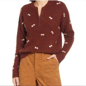 NWT Madewell Embroidered Wool Alpaca Blend Half Zip Sweater in Heather Brick M